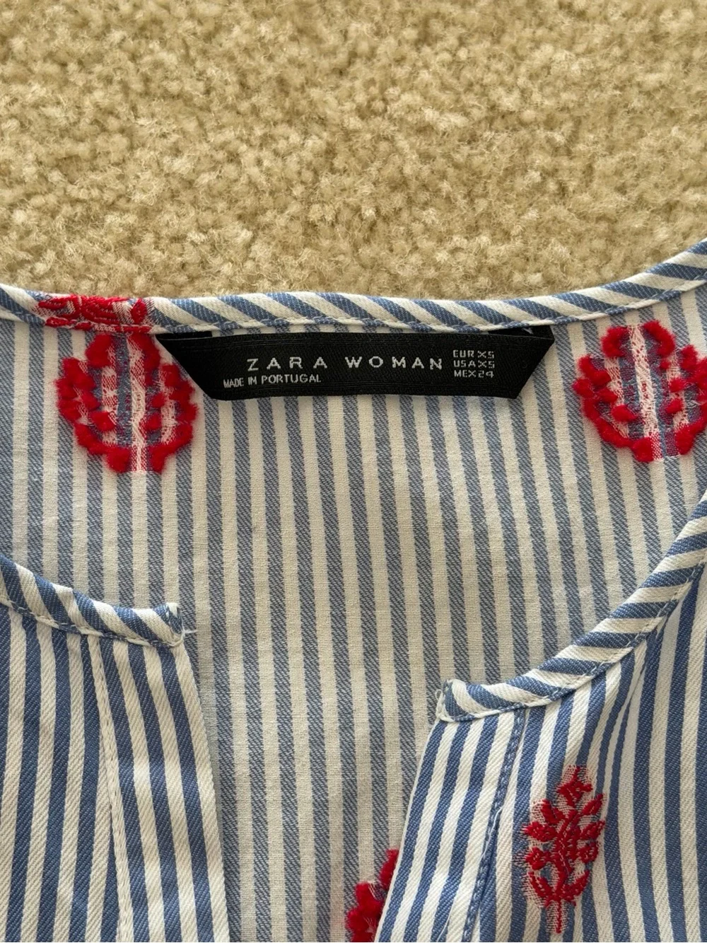 Zara Blue & White Striped Puff Sleeve Blouse with Red Embroidery - Size XS